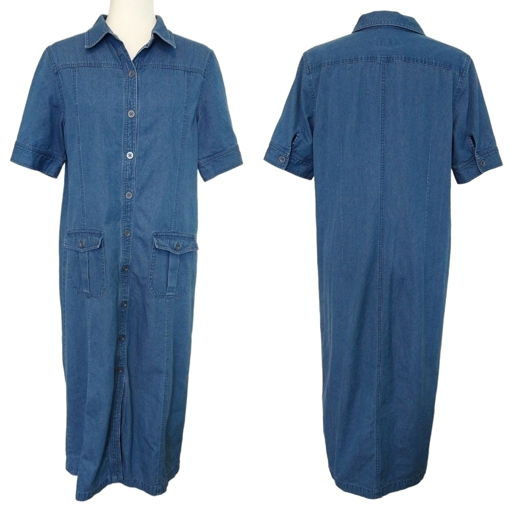 Talbots Petites 100% Cotton Denim-Look Short Sleeve Button-Up Midi Dress Classic